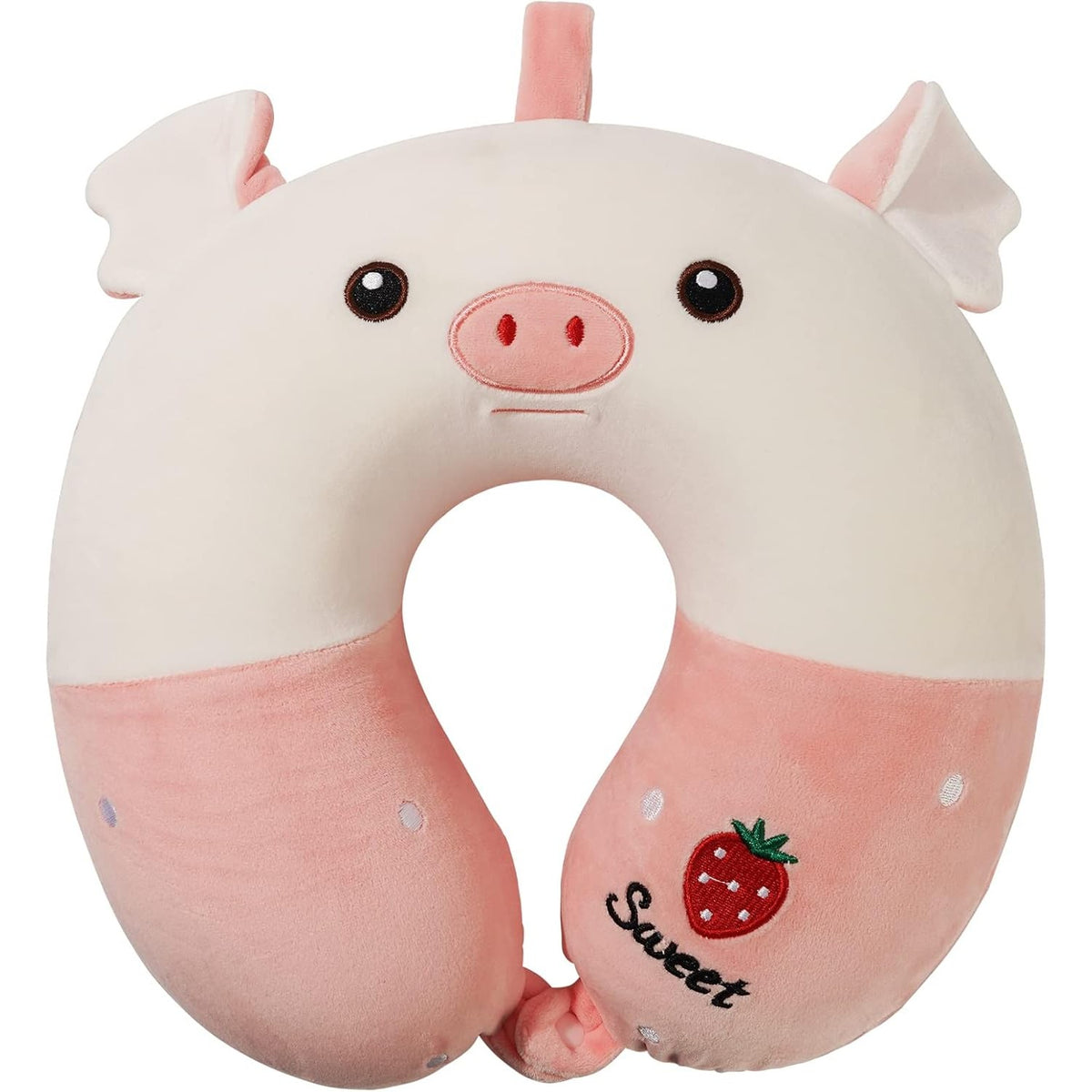 Pernă de Călătorie Ergonomică în Formă de U, Spumă cu Memorie pentru Gat și Cap, Husă Catifea Detașabilă, Sistem Prindere Capse, 30x30 cm, Model Purcelus, Alb-Roz