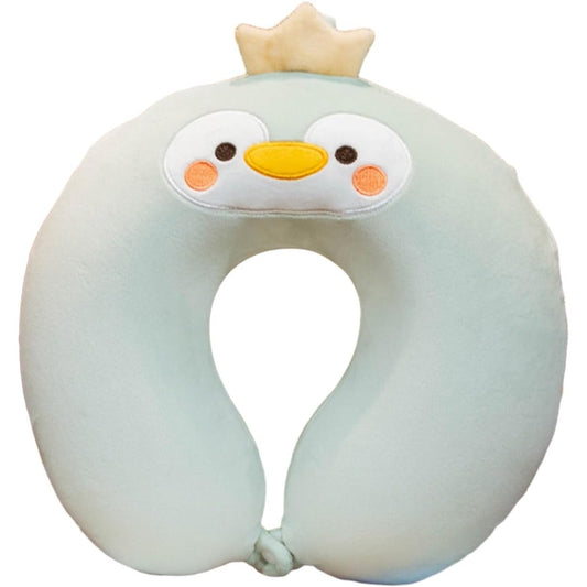 Pernă de Călătorie Ergonomică pentru Gât și Cap, Spumă cu Memorie, Husă Detașabilă din Catifea cu Capse, Model Pinguin, 30x30 cm, Verde