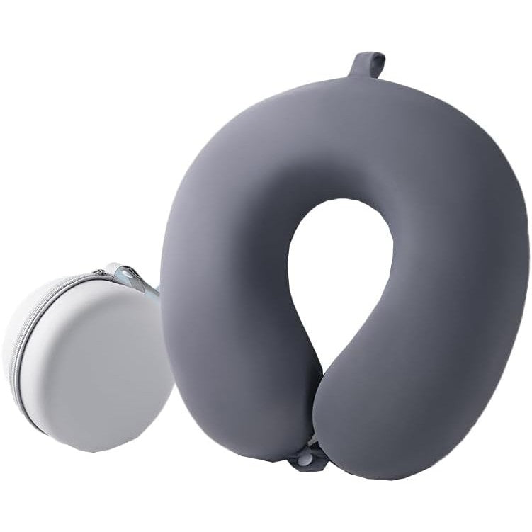 Pernă de Călătorie Ergonomică în Formă de U, Spumă cu Memorie pentru Suport Gât și Cap, Husă Catifea Detașabilă, Sistem Prindere Capse, Include Cutie Depozitare, 30x30 cm, Gri