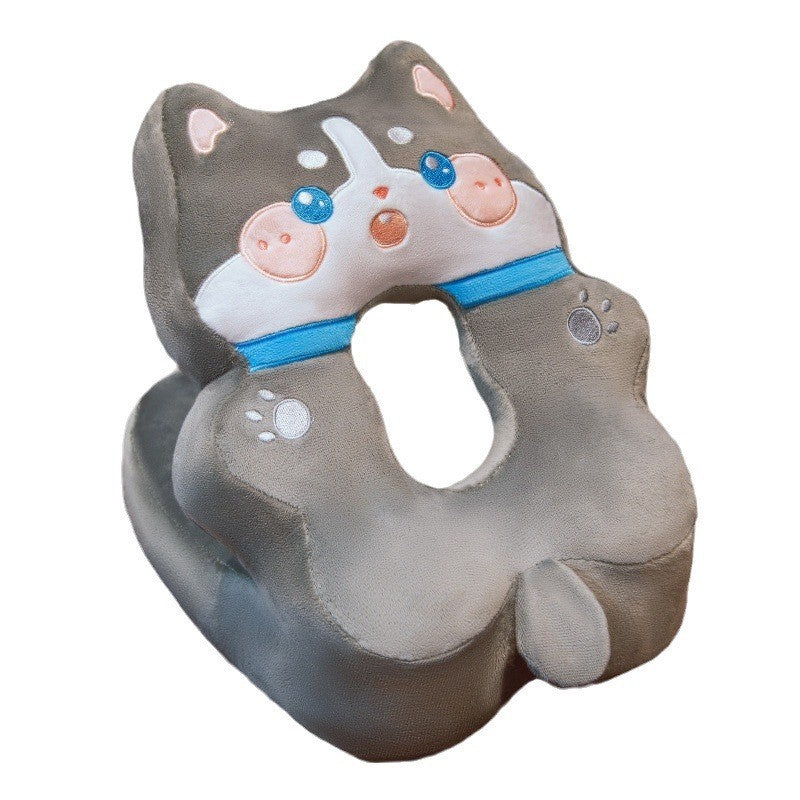 Pernă Ergonomică Pentru Birou Și Călătorii, Suport Somn Cu Formă În 8, Husă Detașabilă Din Pluș Lavabil, Umplutură Bumbac PP, Model Husky, Gri, 30x35x30 cm