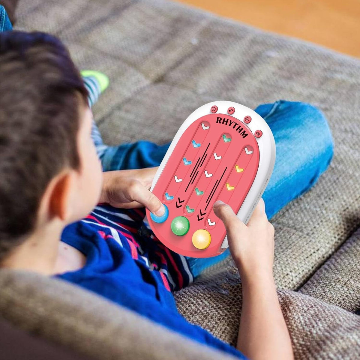 Jucarie Interactiva Tip Jocuri Ritmice, Consola Educativa cu Lumini si Muzica, 8 Niveluri de Dificultate, Plastic ABS, +3 Ani, 9.5 x 2.5 x 13.6 cm, Rosu