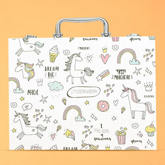 Set Desen si Pictura pentru Copii, Model Unicorni cu Markere Lavabile si Acuarele, Tip Servieta Organizatoare, 53 Piese, 30 x 24 x 5.4 cm, Multicolor