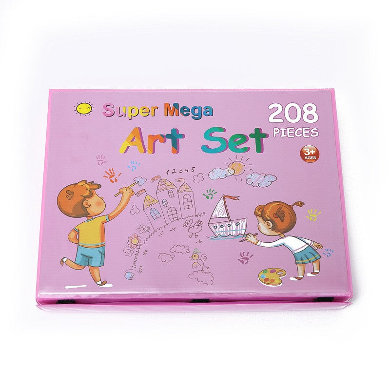 Set Complet Pictura si Desen pentru Copii, Servieta Organizator cu Maner, Carioci, Acuarele si Pasteluri, 208 Piese, Roz