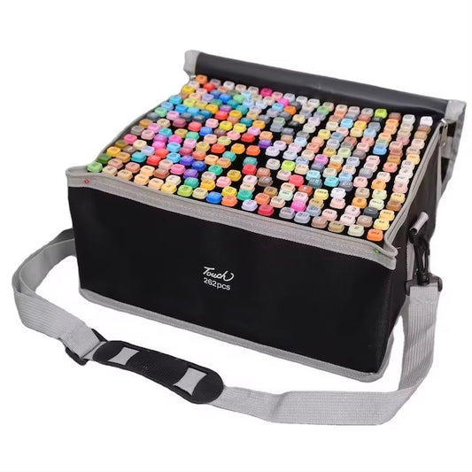 Set Markere Duble pe Baza de Alcool, 262 Culori Numerotate cu Varf Subtire si Lat, Geanta Depozitare Impermeabila Oxford, Multicolor, 262 Bucati