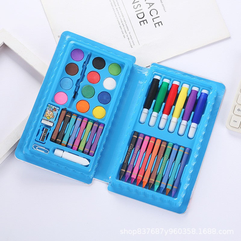 Set de Pictura si Desen pentru Copii, 42 Piese, Tip Penar Portabil cu Accesorii Creative, Model Elefant, PVC, Albastru, 24.3 x 13 x 3 cm