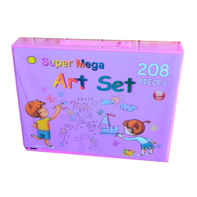 Set Creativ pentru Pictura si Desen, Servieta Organizatoare cu Maner, Plastic si Lemn, 208 Piese, Varsta 3-12 Ani, 40.5 x 5 x 30 cm, Roz