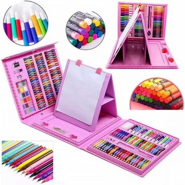 Set Creativ pentru Pictura si Desen, Servieta Organizatoare cu Maner, Plastic si Lemn, 208 Piese, Varsta 3-12 Ani, 40.5 x 5 x 30 cm, Roz