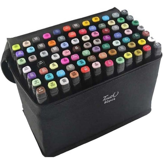 Set Markere Duble Profesionale pe Baza de Alcool, 80 Culori Numerotate, Varf Dublu 1mm si 6mm, Geanta Transport Oxford Impermeabila, Multicolor