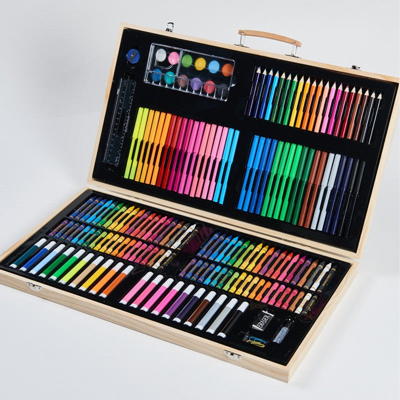 Set Complet pentru Desen si Pictura, 220 Piese cu Carioci si Creioane Colorate, Servienta din Lemn Natur cu Maner, 48 x 30 x 5 cm, Multicolor