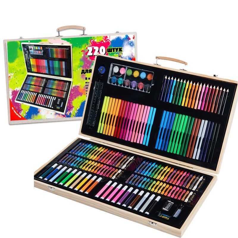 Set Complet pentru Desen si Pictura, 220 Piese cu Carioci si Creioane Colorate, Servienta din Lemn Natur cu Maner, 48 x 30 x 5 cm, Multicolor