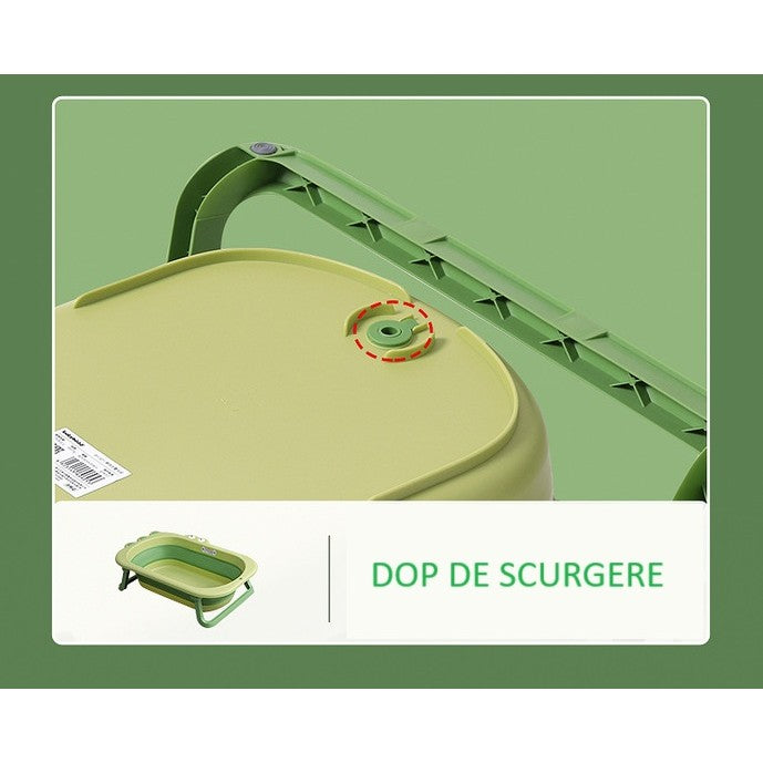 Cada Pliabila pentru Baie Copii si Bebelusi, Model Crocodil cu Dop de Scurgere, Material PP si TPR, Antiderapanta, Varsta 0-6 Ani, 80x54x21 cm, Verde