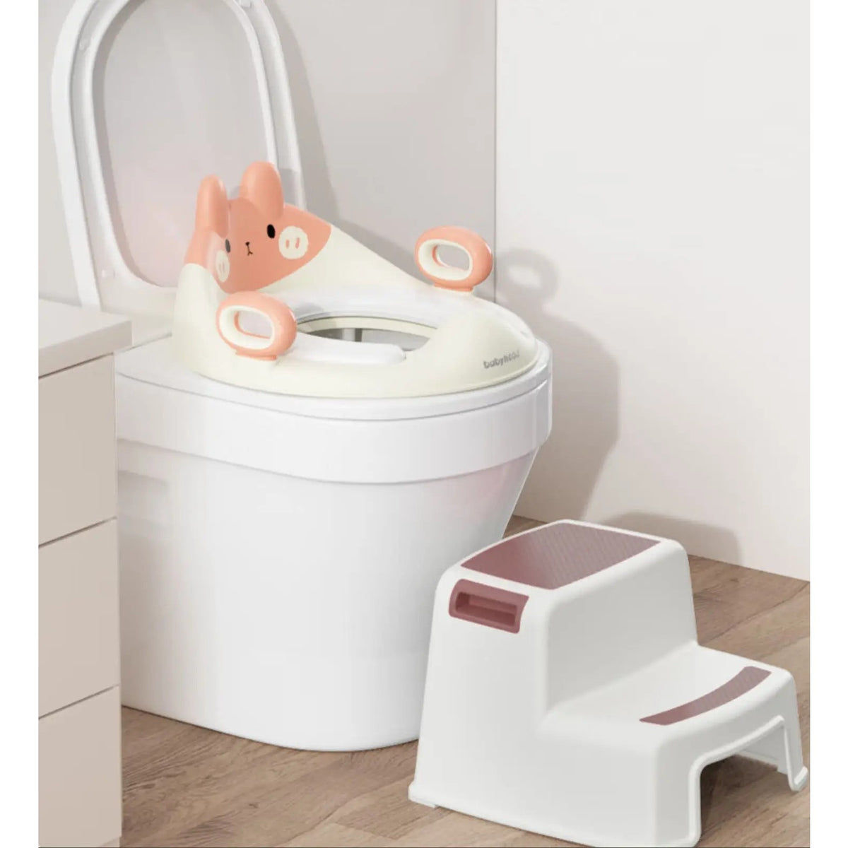 Reductor WC pentru Copii cu Manere si Spatar Ergonomic, Model Ursulet, Protectie Anti-Stropire, Plastic ABS si Material Antiderapant, Roz
