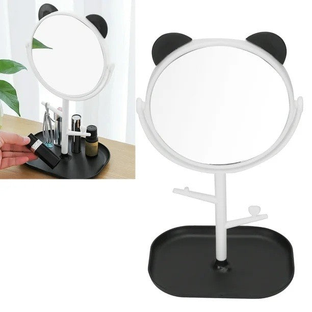 Oglinda Cosmetica cu Picior HD, Rotire 360 Grade, Suport Bijuterii si Accesorii, Plastic PP, Diametru 15 cm, Alb/Negru