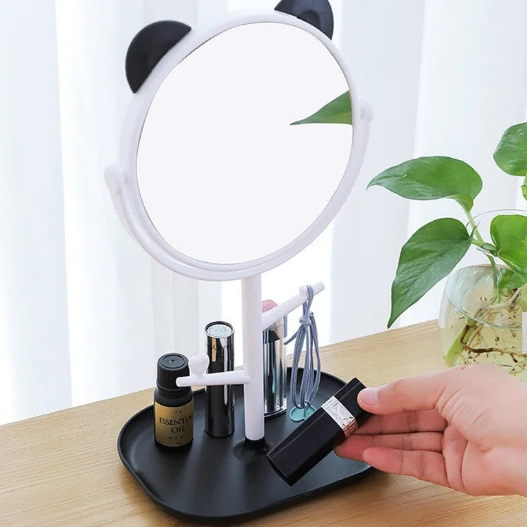 Oglinda Cosmetica cu Picior HD, Rotire 360 Grade, Suport Bijuterii si Accesorii, Plastic PP, Diametru 15 cm, Alb/Negru
