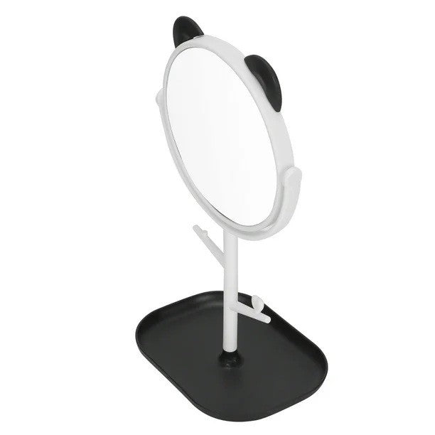 Oglinda Cosmetica cu Picior HD, Rotire 360 Grade, Suport Bijuterii si Accesorii, Plastic PP, Diametru 15 cm, Alb/Negru