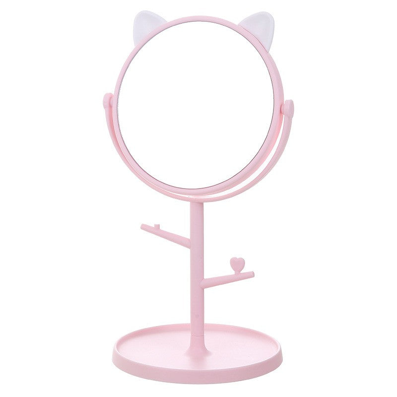 Oglinda Cosmetică HD cu Rotire 360 Grade, Suport Bijuterii și Bază Rotundă, Model cu Urechi, Plastic PP, 31 x 14.5 x 15 cm, Roz/Alb