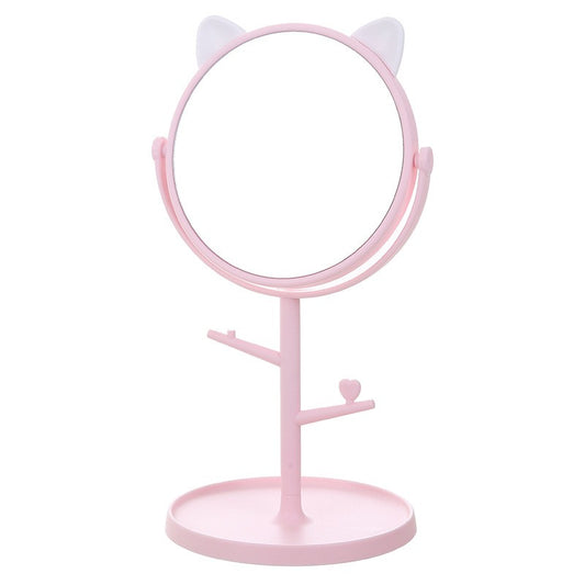 Oglinda Cosmetică HD cu Rotire 360 Grade, Suport Bijuterii și Bază Rotundă, Model cu Urechi, Plastic PP, 31 x 14.5 x 15 cm, Roz/Alb