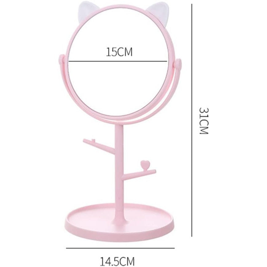 Oglinda Cosmetică HD cu Rotire 360 Grade, Suport Bijuterii și Bază Rotundă, Model cu Urechi, Plastic PP, 31 x 14.5 x 15 cm, Roz/Alb