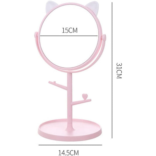 Oglinda Cosmetică HD cu Rotire 360 Grade, Suport Bijuterii și Bază Rotundă, Model cu Urechi, Plastic PP, 31 x 14.5 x 15 cm, Roz/Alb