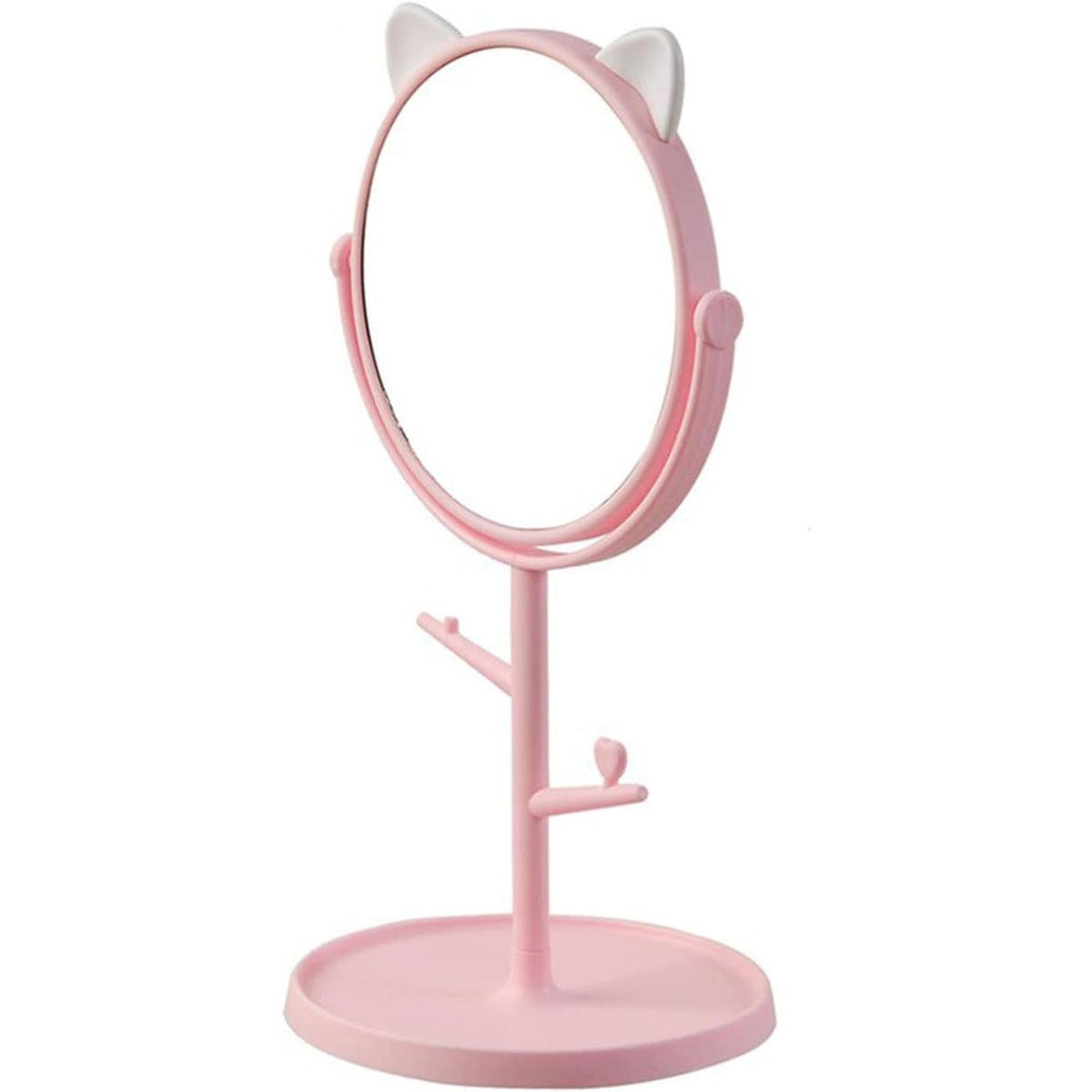 Oglinda Cosmetică HD cu Rotire 360 Grade, Suport Bijuterii și Bază Rotundă, Model cu Urechi, Plastic PP, 31 x 14.5 x 15 cm, Roz/Alb