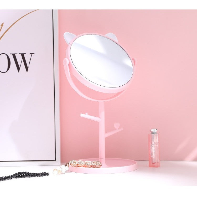 Oglinda Cosmetică HD cu Rotire 360 Grade, Suport Bijuterii și Bază Rotundă, Model cu Urechi, Plastic PP, 31 x 14.5 x 15 cm, Roz/Alb