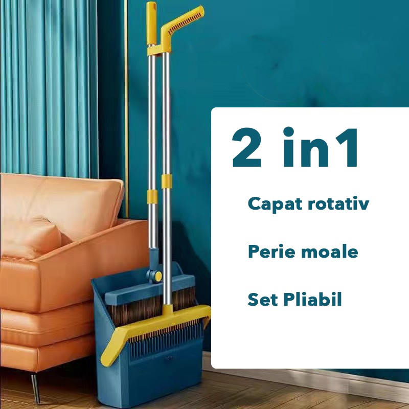Set Matura si Faras cu Coada Lunga, Sistem de Curatare cu Dinti de Pieptene, Cap Rotativ la 180 Grade, Design Pliabil si Detasabil, Otel Inoxidabil si Polipropilena, 99 x 30 cm, Albastru