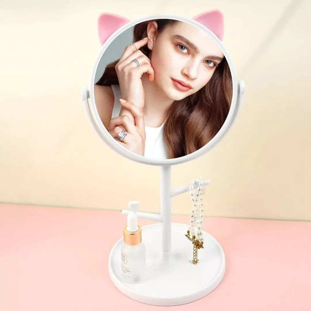 Oglinda Cosmetica cu Picior HD, Rotire 360 Grade si Suport Bijuterii, Model cu Urechi, Plastic, 31 x 14.5 x 15 cm, Alb