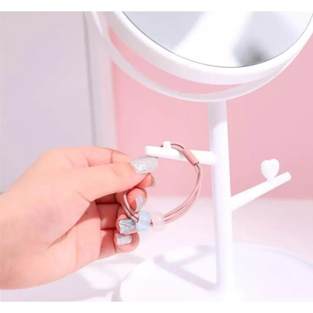 Oglinda Cosmetica cu Picior HD, Rotire 360 Grade si Suport Bijuterii, Model cu Urechi, Plastic, 31 x 14.5 x 15 cm, Alb