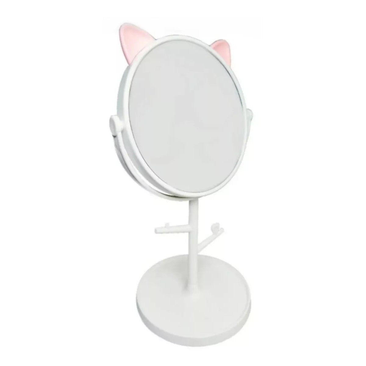 Oglinda Cosmetica cu Picior HD, Rotire 360 Grade si Suport Bijuterii, Model cu Urechi, Plastic, 31 x 14.5 x 15 cm, Alb