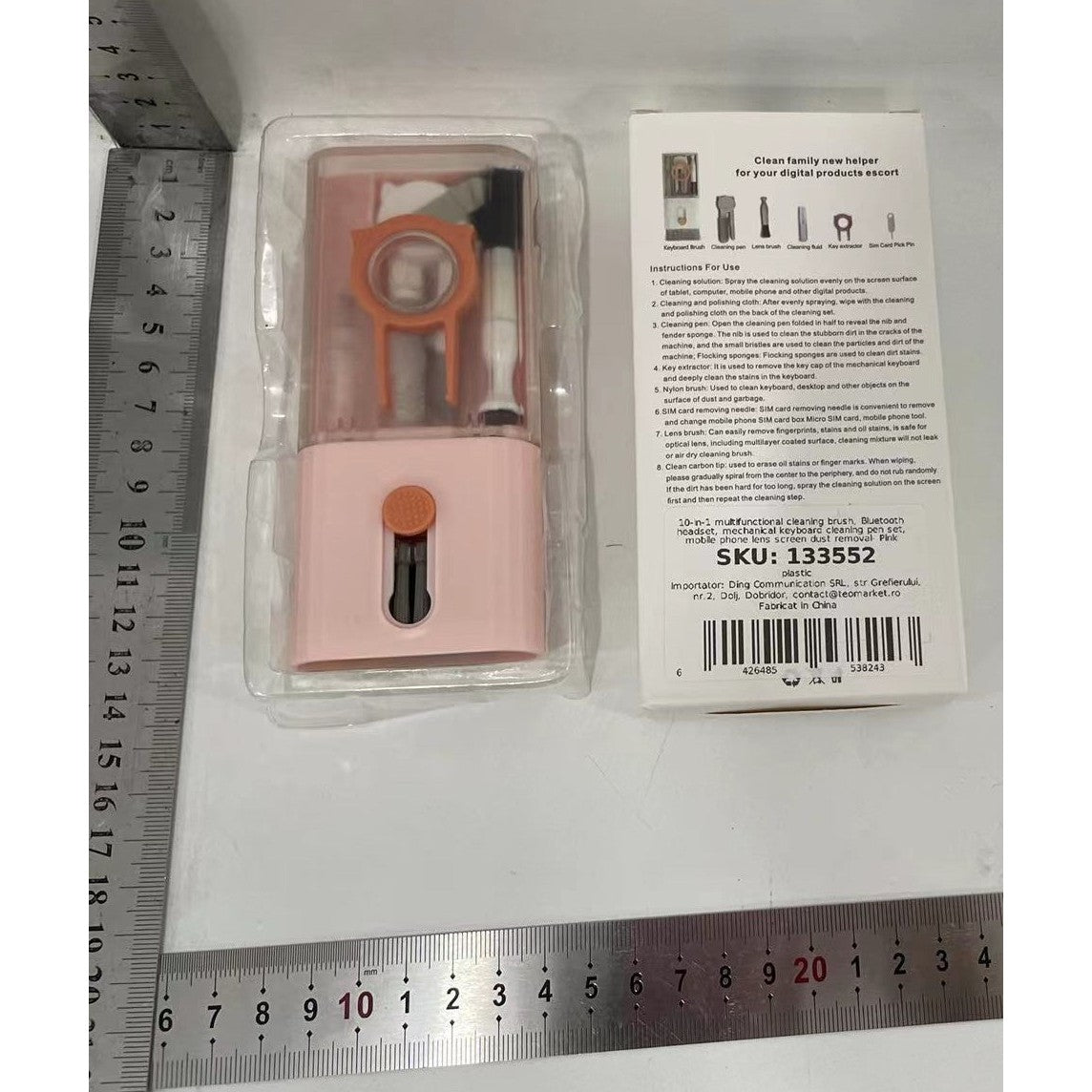 Kit Multifunctional De Curatare Pentru Laptop, Tastatura, Telefon Si Casti, 10 In 1, Cu Extractor Taste Si Spray, ABS Si Silicon, Roz