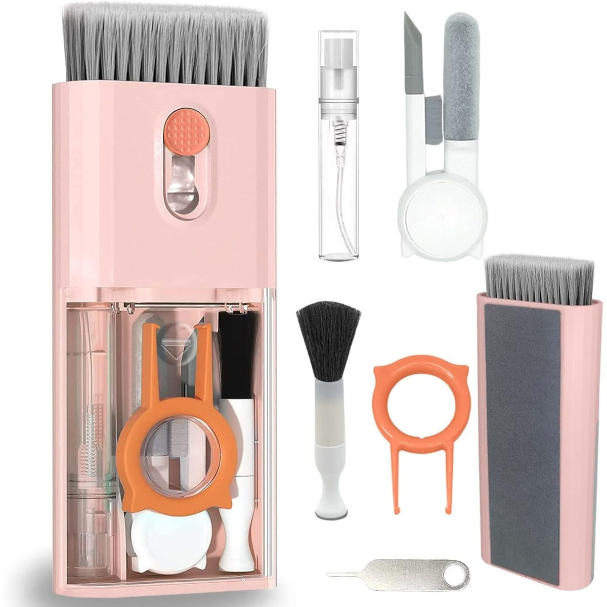 Kit Multifunctional De Curatare Pentru Laptop, Tastatura, Telefon Si Casti, 10 In 1, Cu Extractor Taste Si Spray, ABS Si Silicon, Roz