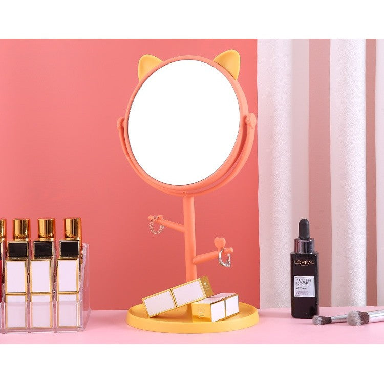Oglinda Cosmetica cu Picior HD, Rotire 360 Grade si Suport Bijuterii, Model Urechi Ursuleț, Plastic, 31 x 15 cm, Portocaliu/Galben