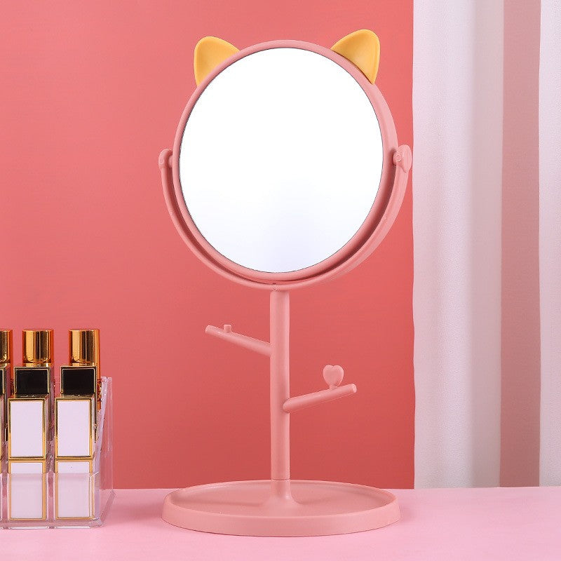 Oglinda Cosmetica cu Picior HD, Rotire 360 Grade si Suport Bijuterii, Model Urechi de Ursuleț, Plastic PP, 31 x 14.5 cm, Diametru 15 cm, Roz/Galben