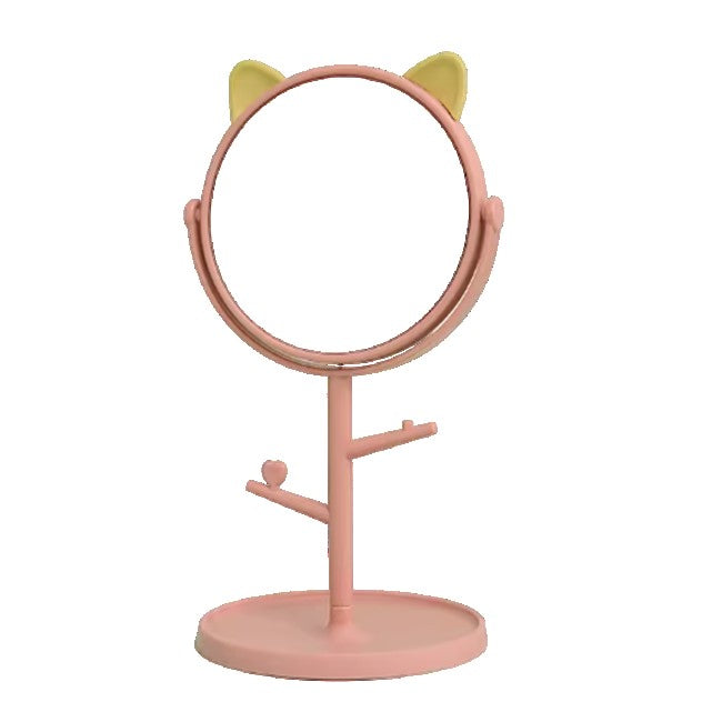 Oglinda Cosmetica cu Picior HD, Rotire 360 Grade si Suport Bijuterii, Model Urechi de Ursuleț, Plastic PP, 31 x 14.5 cm, Diametru 15 cm, Roz/Galben