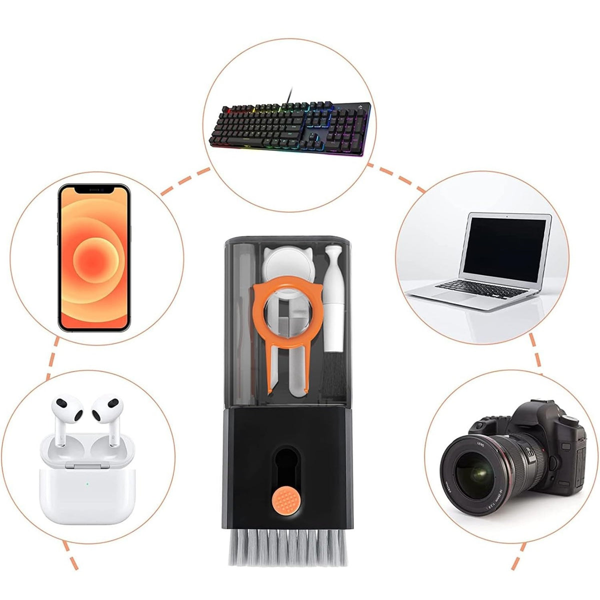 Kit Multifuncțional de Curățare Dispozitive Electronice 10 în 1, Set Curățare pentru Laptop, Tastatură, Telefon și Căști, ABS și Silicon, Negru