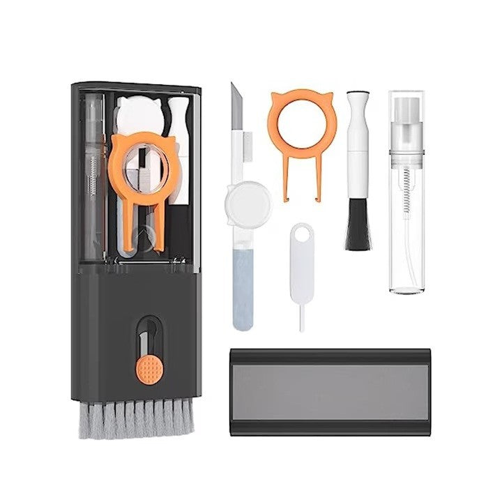 Kit Multifuncțional de Curățare Dispozitive Electronice 10 în 1, Set Curățare pentru Laptop, Tastatură, Telefon și Căști, ABS și Silicon, Negru