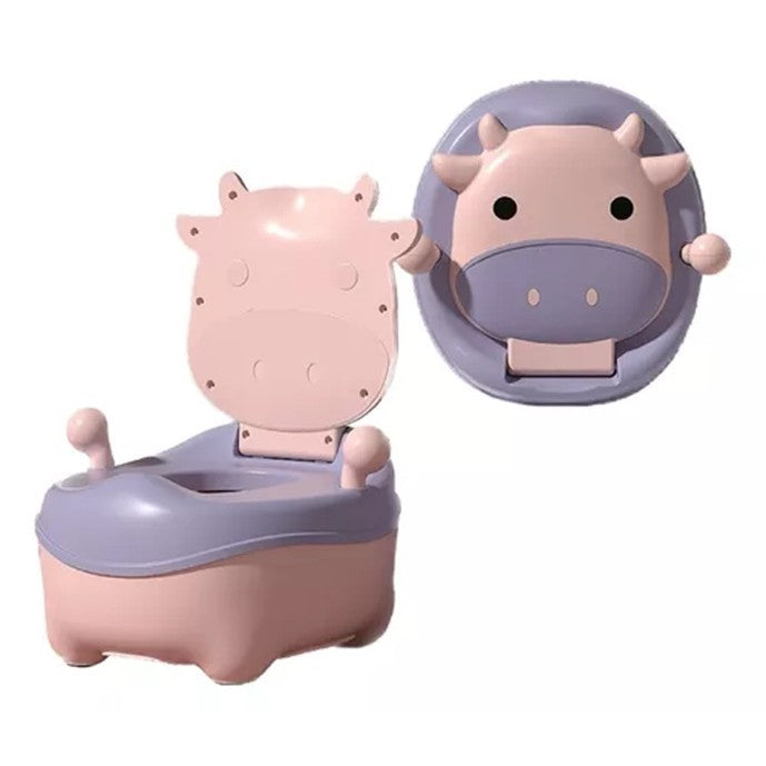 Oliță Pentru Copii Portabilă Model Văcuță, Cu Capac Și Compartiment Detașabil, PP PU PVC Non-Toxic, 32.5 x 35.5 x 45 cm, Roz, 1+ Ani