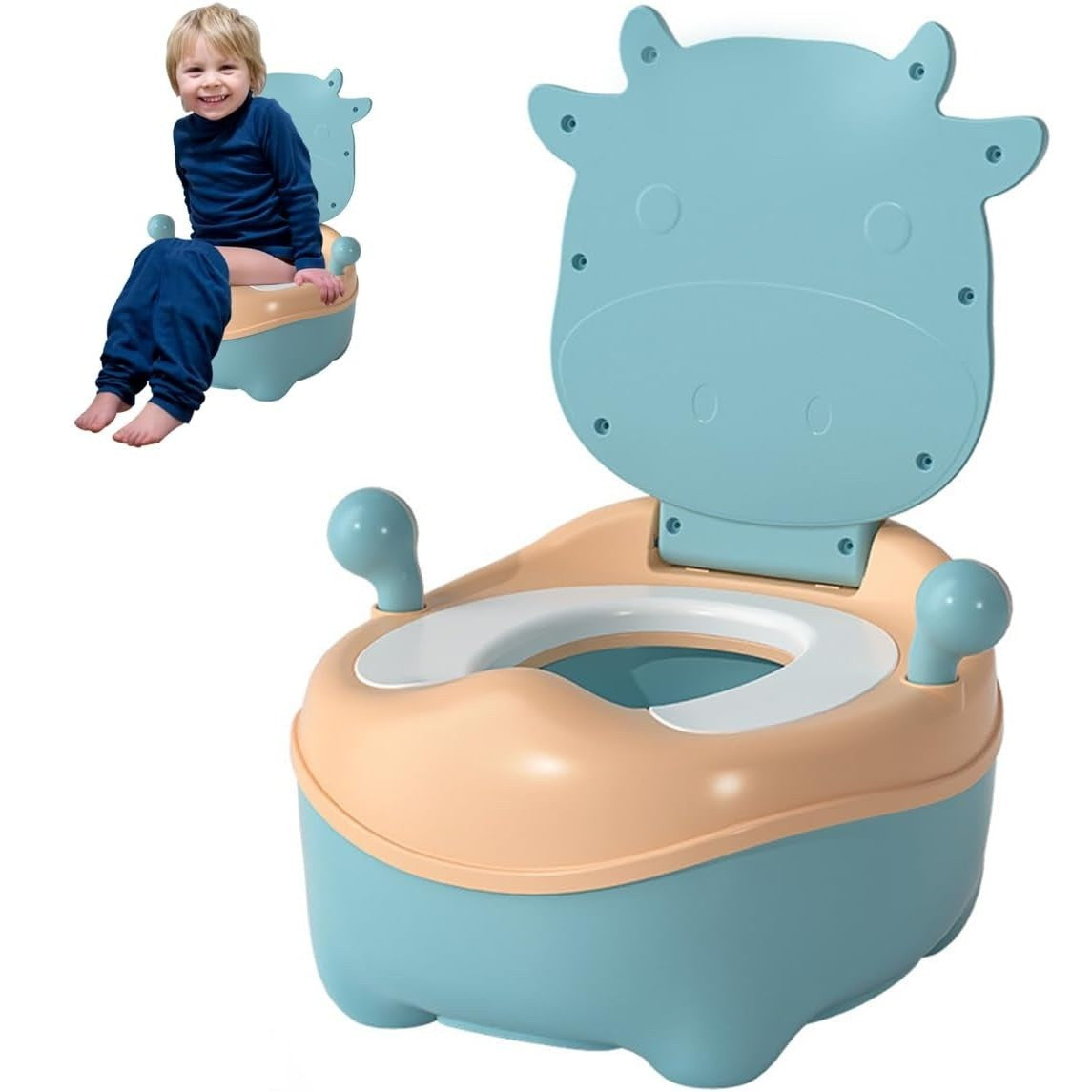 Oliță Pentru Copii Portabilă Model Văcuță, Cu Capac Și Compartiment Detașabil, PP PU PVC Non-Toxic, 32.5 x 35.5 x 45 cm, Albastru, 1+ Ani