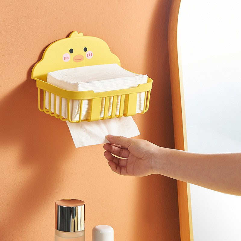 Suport Servetele si Hartie Igienica, Dispenser Prosoape Baie, Montare pe Perete Fara Gaurire, Plastic PP Rezistent, Design Ratusca, 13x19x12 cm, Galben