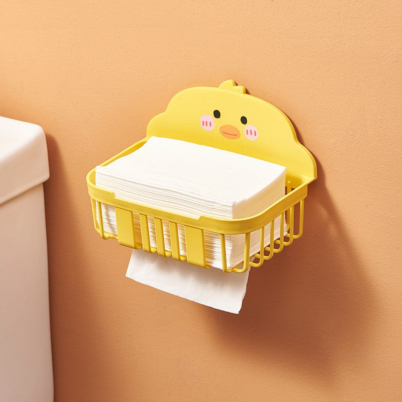 Suport Servetele si Hartie Igienica, Dispenser Prosoape Baie, Montare pe Perete Fara Gaurire, Plastic PP Rezistent, Design Ratusca, 13x19x12 cm, Galben