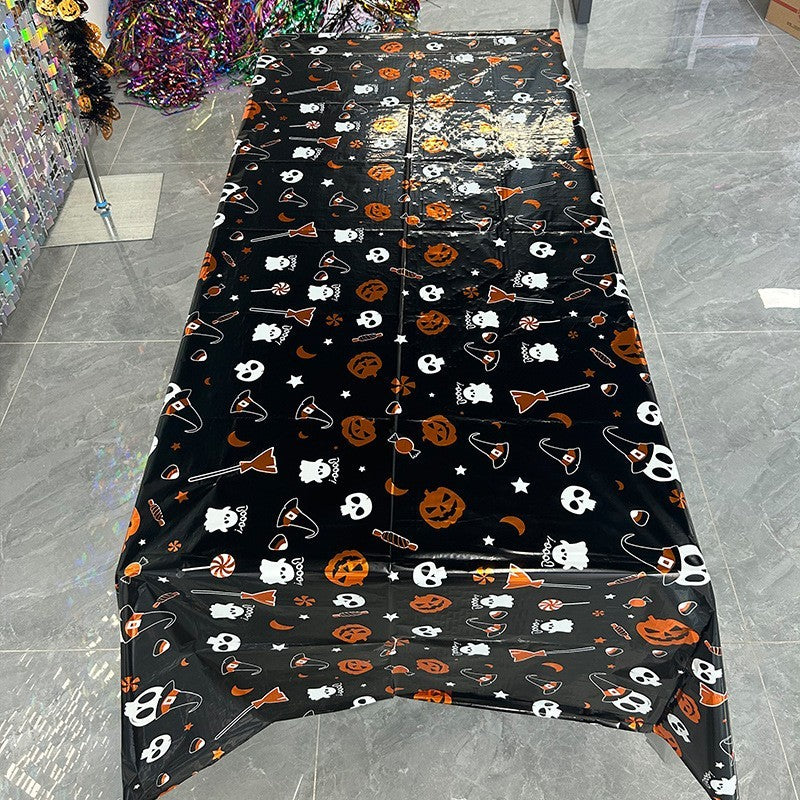 Față de Masă Halloween, Imprimeu Tematic Boo, Folie Plastifiată PET Rezistentă la Lichide, 137 x 183 cm, Negru