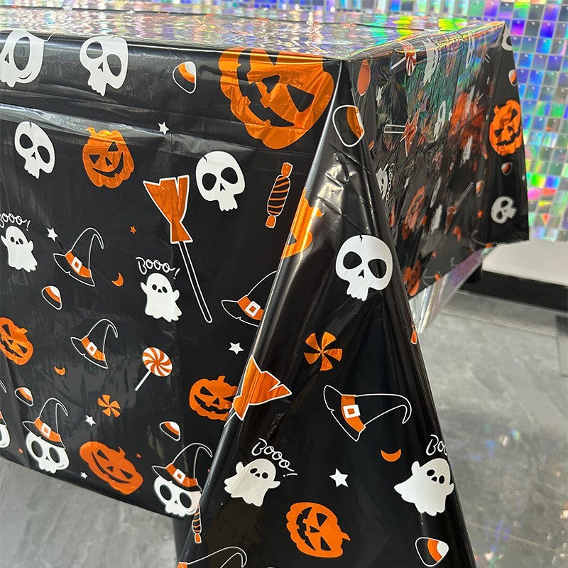 Față de Masă Halloween, Imprimeu Tematic Boo, Folie Plastifiată PET Rezistentă la Lichide, 137 x 183 cm, Negru