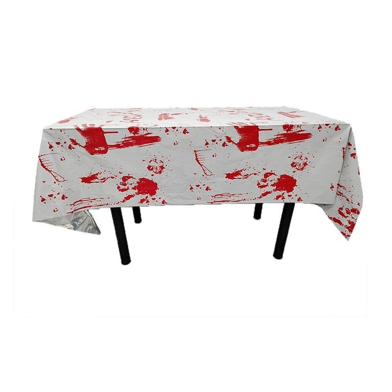 Fata de Masa Halloween Help Me, Protectie Masa Petreceri, Imprimeu Tematic Sangeros, Material Folie PET Plastifiata, 137 x 183 cm, Alb/Rosu