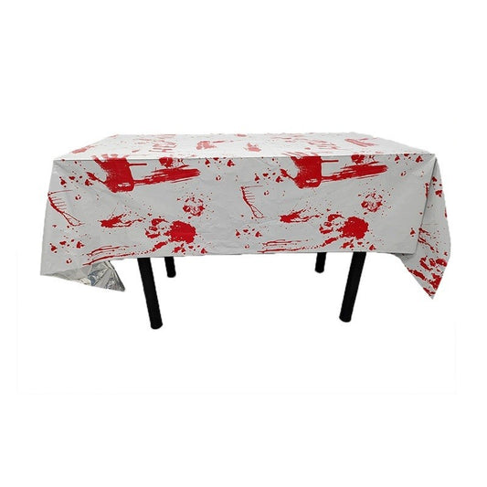 Fata de Masa Halloween Help Me, Protectie Masa Petreceri, Imprimeu Tematic Sangeros, Material Folie PET Plastifiata, 137 x 183 cm, Alb/Rosu