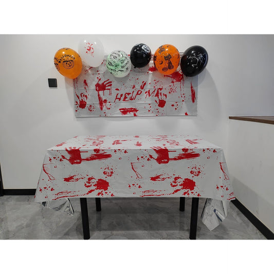 Fata de Masa Halloween Help Me, Protectie Masa Petreceri, Imprimeu Tematic Sangeros, Material Folie PET Plastifiata, 137 x 183 cm, Alb/Rosu