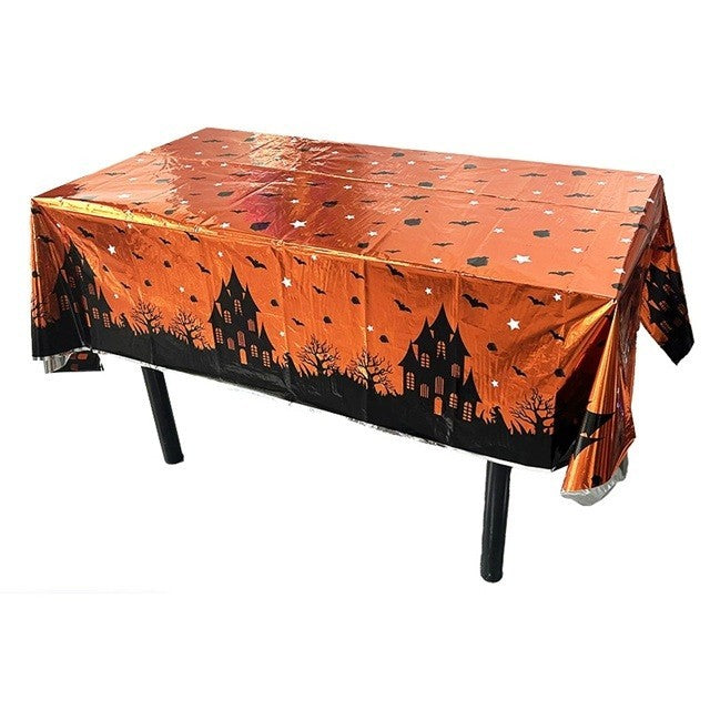Fata de Masa pentru Halloween, Imprimeu Casa Bantuita, Protectie Impermeabila, Folie Plastifiata PET, 137 x 183 cm, Portocaliu