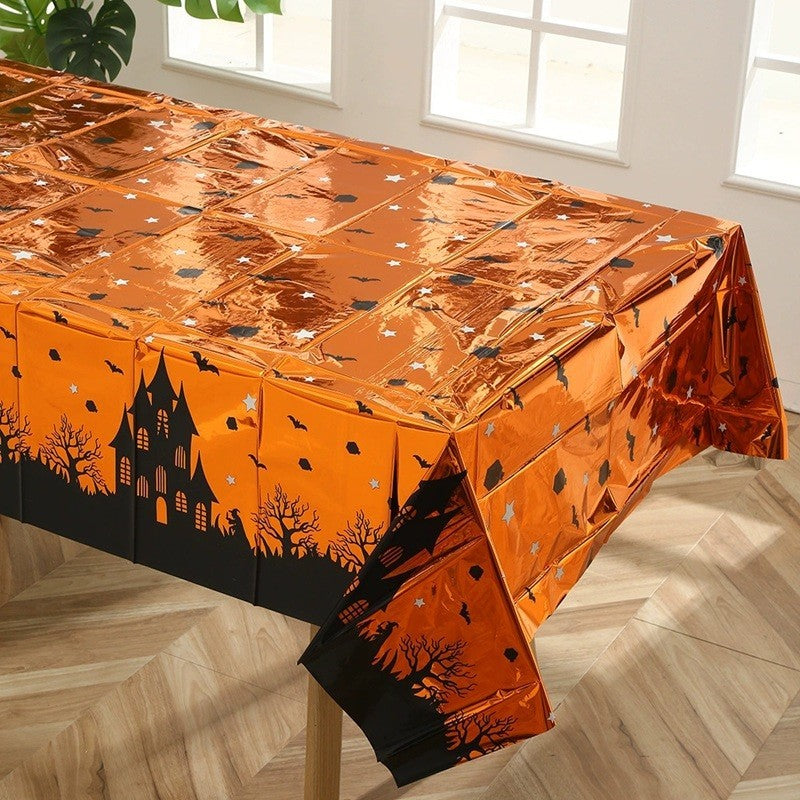 Fata de Masa pentru Halloween, Imprimeu Casa Bantuita, Protectie Impermeabila, Folie Plastifiata PET, 137 x 183 cm, Portocaliu