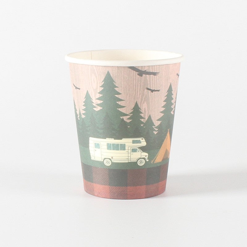 Set 10 Pahare de Unică Folosință, Imprimeu Camping și Rulotă, Carton Reciclabil, 250 - 300 ml, 7.5 x 8.4 x 5.3 cm, Multicolor