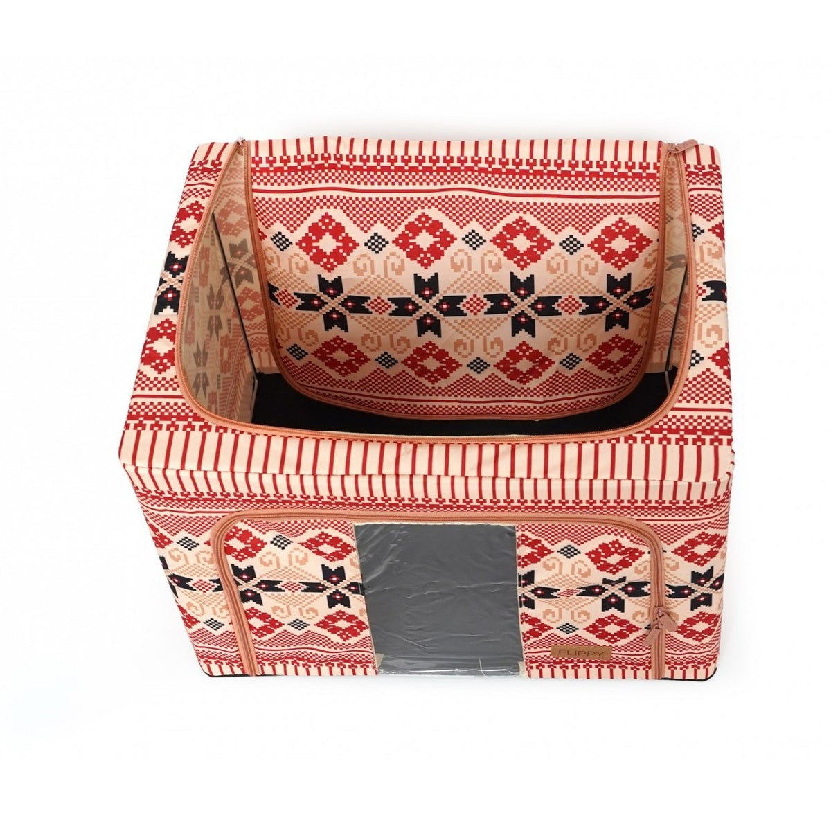 Cutie de Depozitare Pliabila, Organizator Haine si Lenjerie cu Cadru Metalic, Bumbac si In, 2 Usi cu Fermoar, Fereastra Transparenta, Motiv Traditional Model 5, 66 L, 52 x 42 x 39 cm