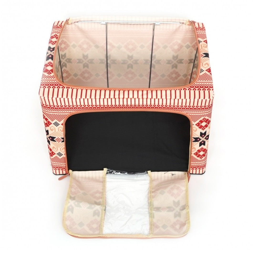 Cutie de Depozitare Pliabila, Organizator Haine si Lenjerie cu Cadru Metalic, Bumbac si In, 2 Usi cu Fermoar, Fereastra Transparenta, Motiv Traditional Model 5, 66 L, 52 x 42 x 39 cm